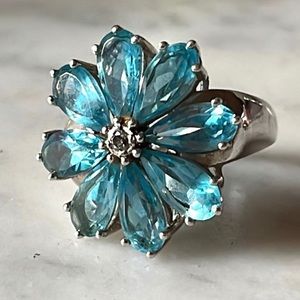 •Sold• Sterling Blue Topaz a d Diamond accent Flower ring